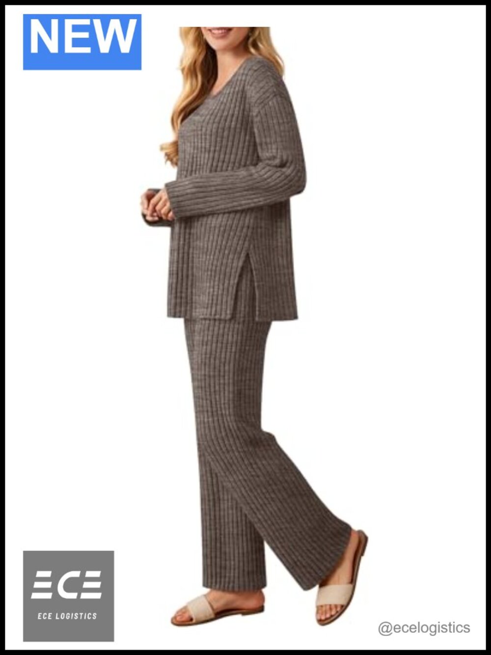 Ribbed Knit Lounge Set 2 Piece Long Sleeve V Neck Wide Leg Pants